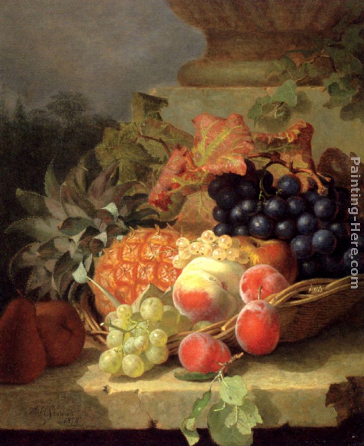 Peaches, Grapes And A Pineapple In A Basket, On A Stone Ledge painting - Eloise Harriet Stannard Peaches, Grapes And A Pineapple In A Basket, On A Stone Ledge art painting